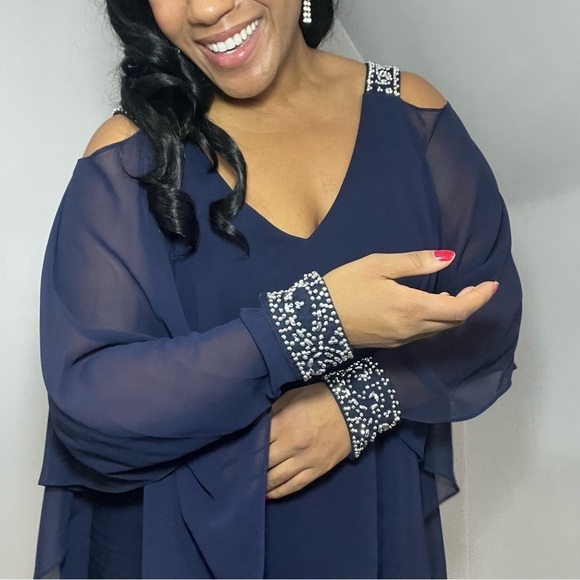 Vintage blue cocktail dress embellished midi formal gown evening wear new years - Picture 3 of 16